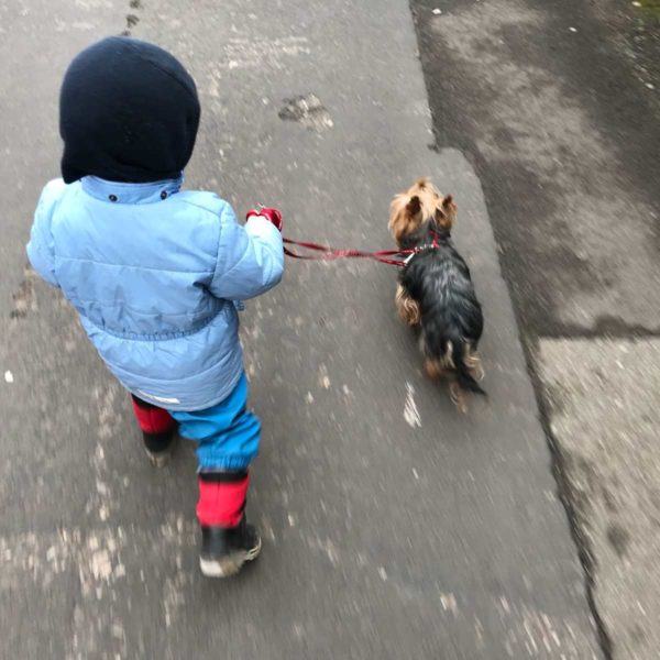 Kind geht mit Hund spazieren